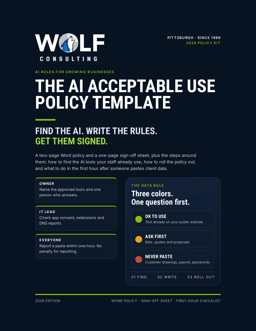 Cover of The AI Acceptable Use Policy Template by Wolf Consulting, with a three-color data rule: OK to use, Ask first, Never paste.