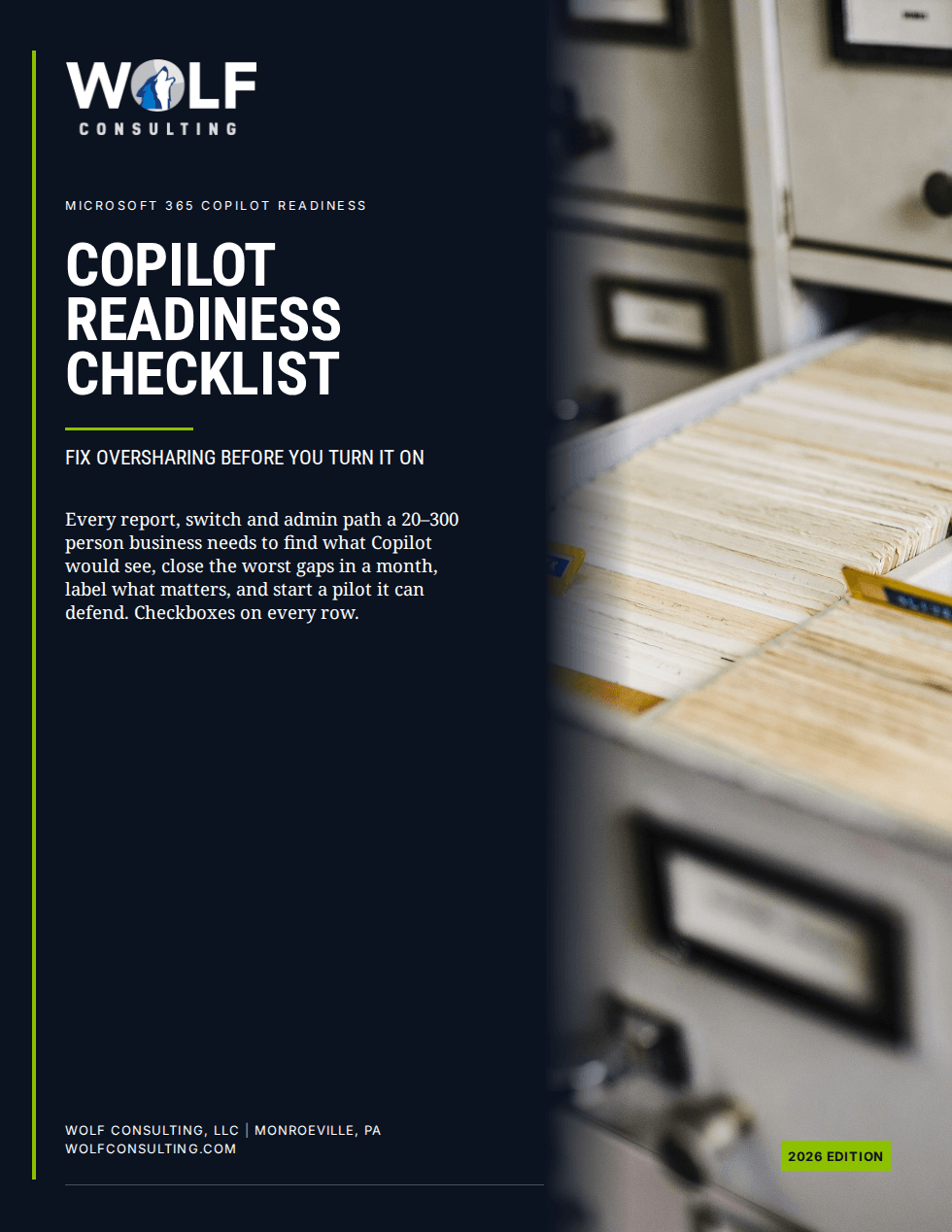 Copilot Readiness Checklist cover: an open filing drawer beside the title, Wolf Consulting 2026 edition