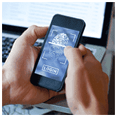 person holding phone showing privacy and data protection message on screen