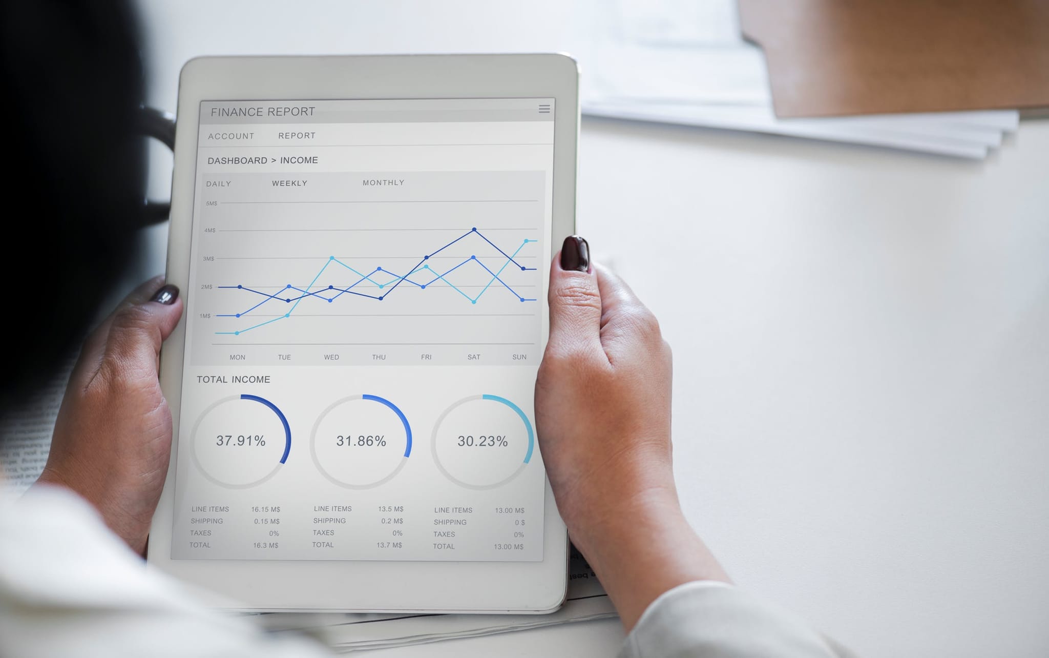 A pair of hands holds a tablet displaying a finance report dashboard with line graphs and percentage charts.