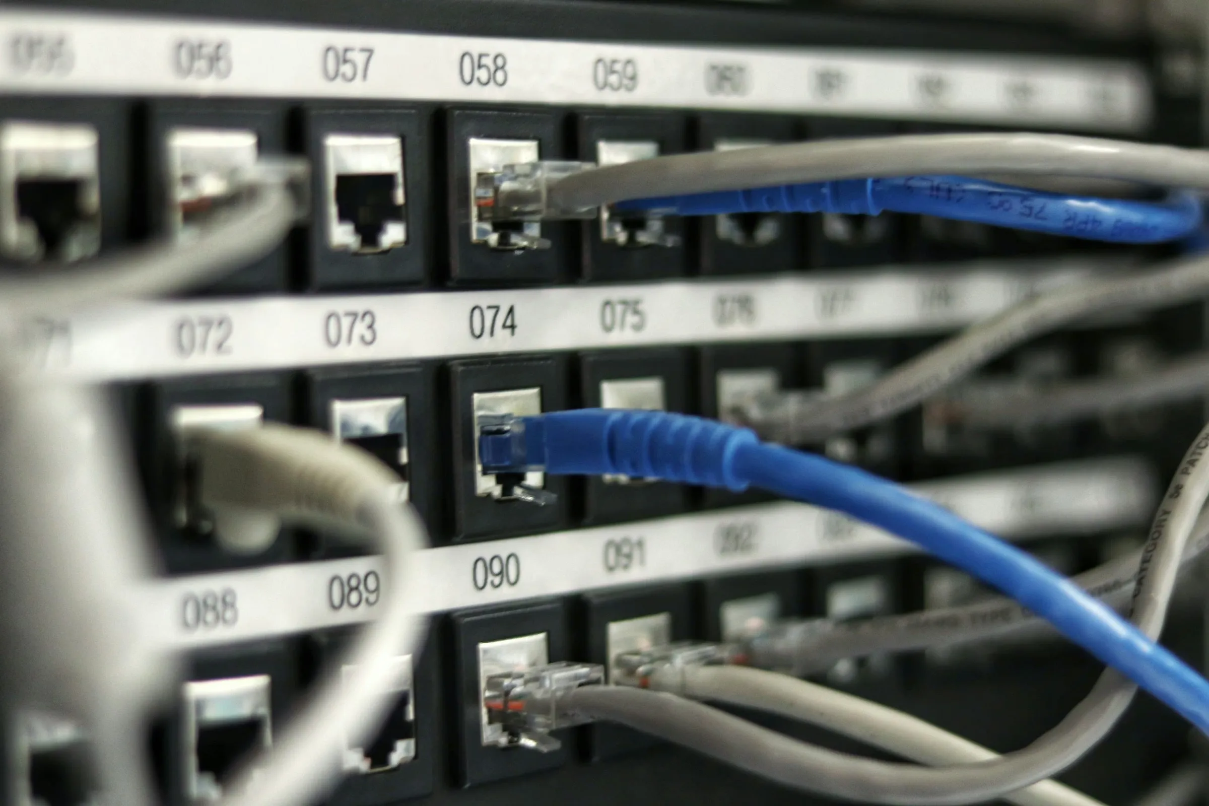 Network patch panel with Ethernet cabling representing secure network access
