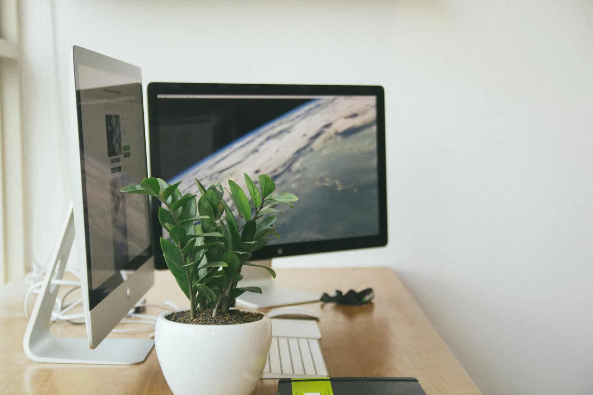 Two computer monitors on a wooden desk: one shows an open web browser tab, the other displays a photo of Earth's curved horizon from space, with a small potted plant in front.