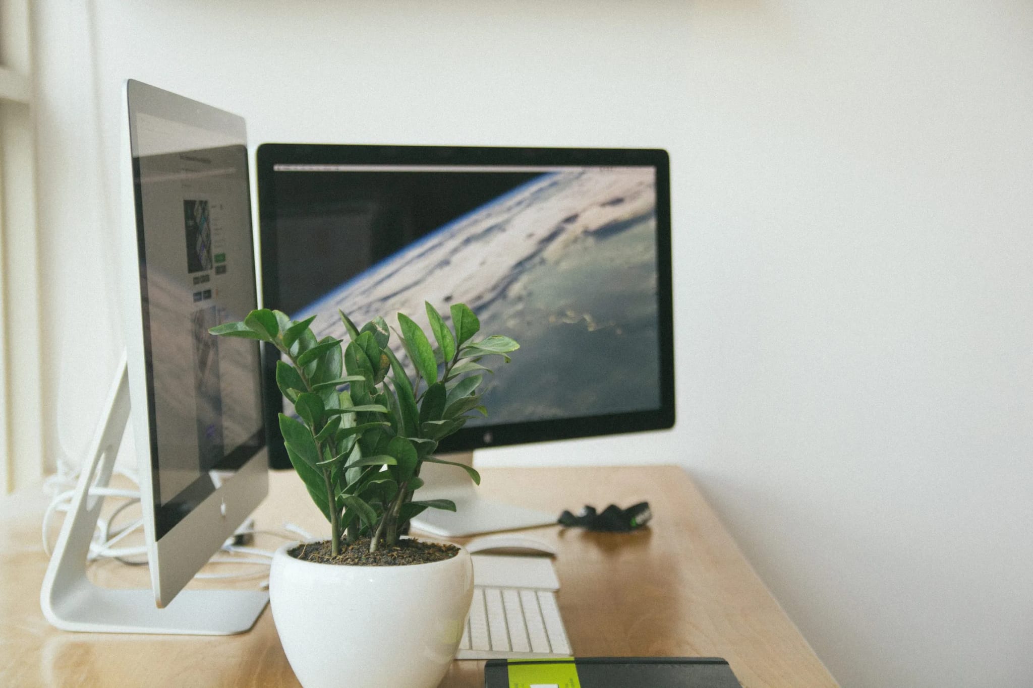 Two computer monitors on a wooden desk: one shows an open web browser tab, the other displays a photo of Earth's curved horizon from space, with a small potted plant in front.
