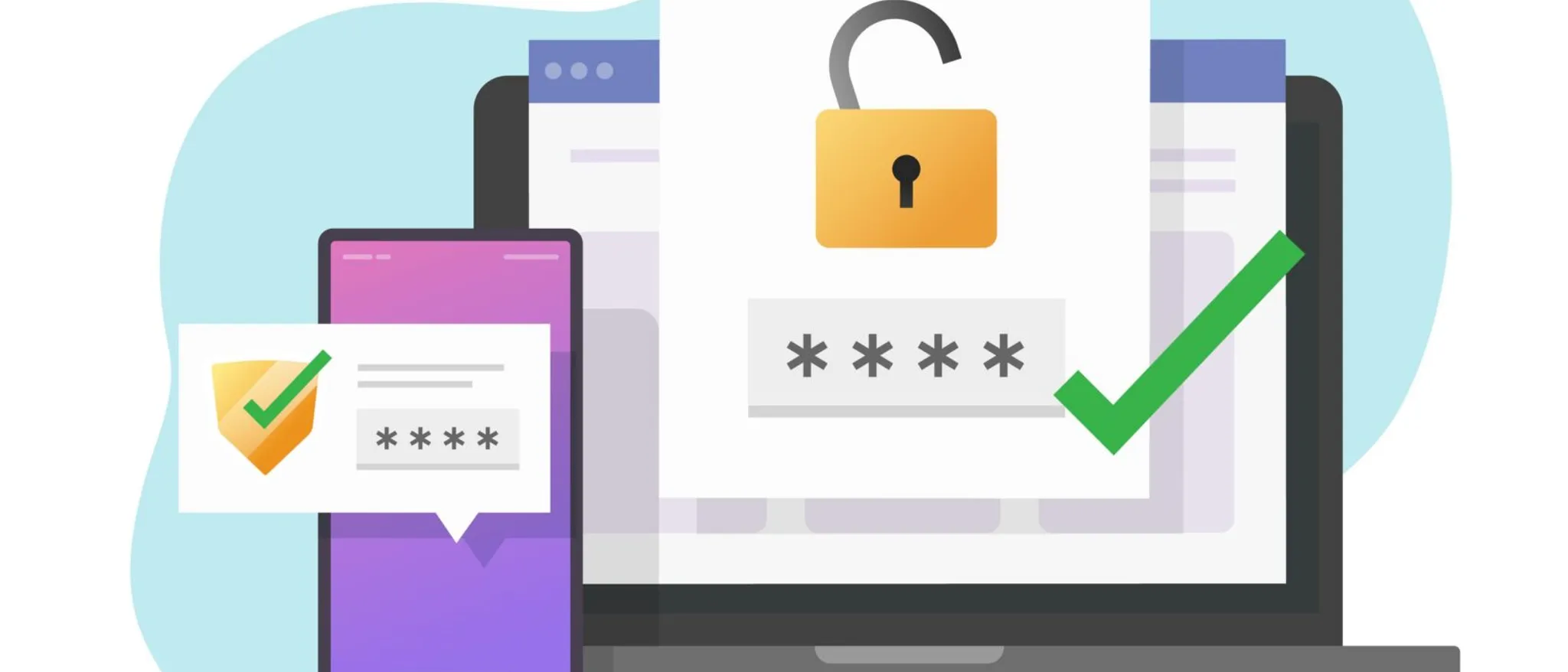 graphic with computer and phone screen showing login with secure password