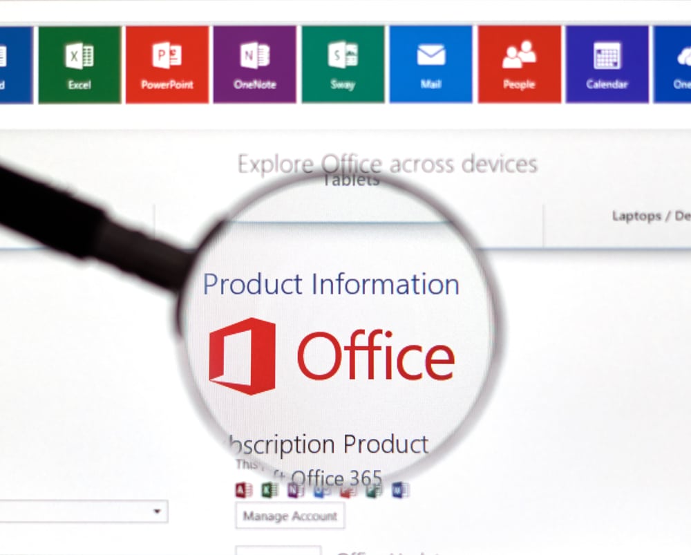 Microsoft Office 365 screen under magnifying glass