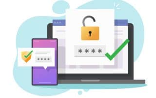 graphic with computer and phone screen showing login with secure password