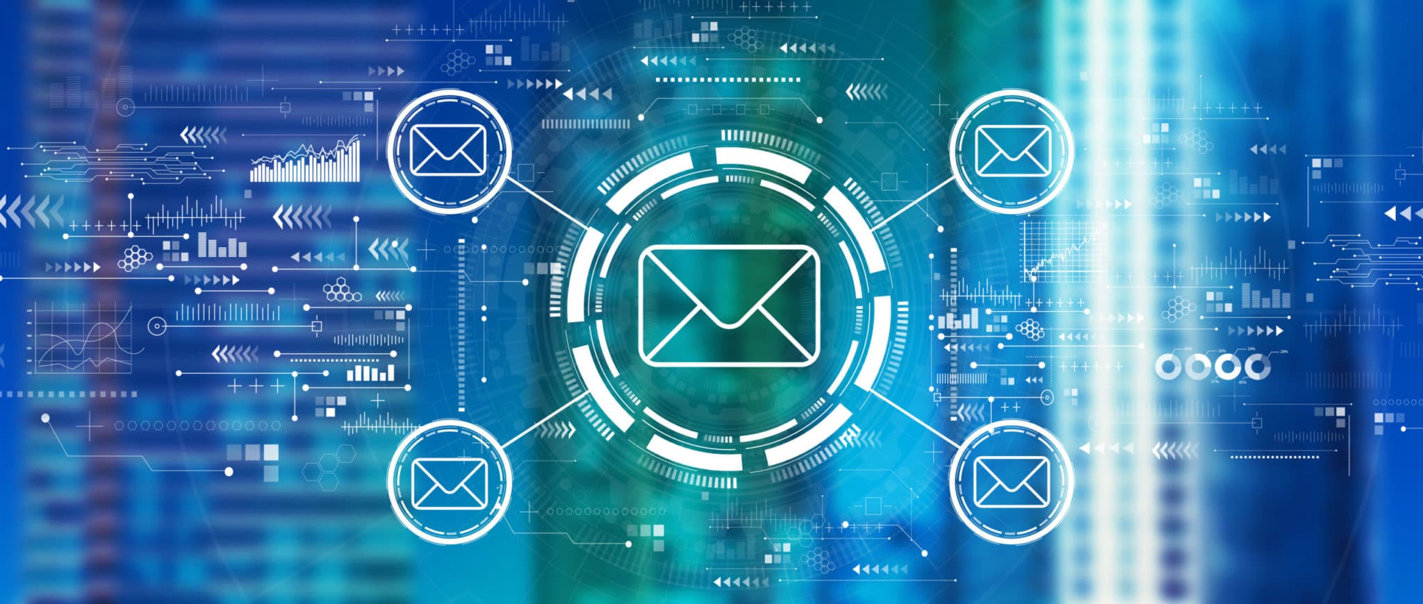 banner image of emails as envelopes on blue background